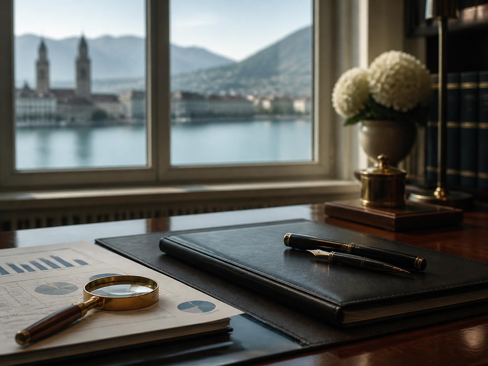 Treuhandbüro in Zürich – Schreibtisch mit Buchhaltungsunterlagen und Blick auf Zürich