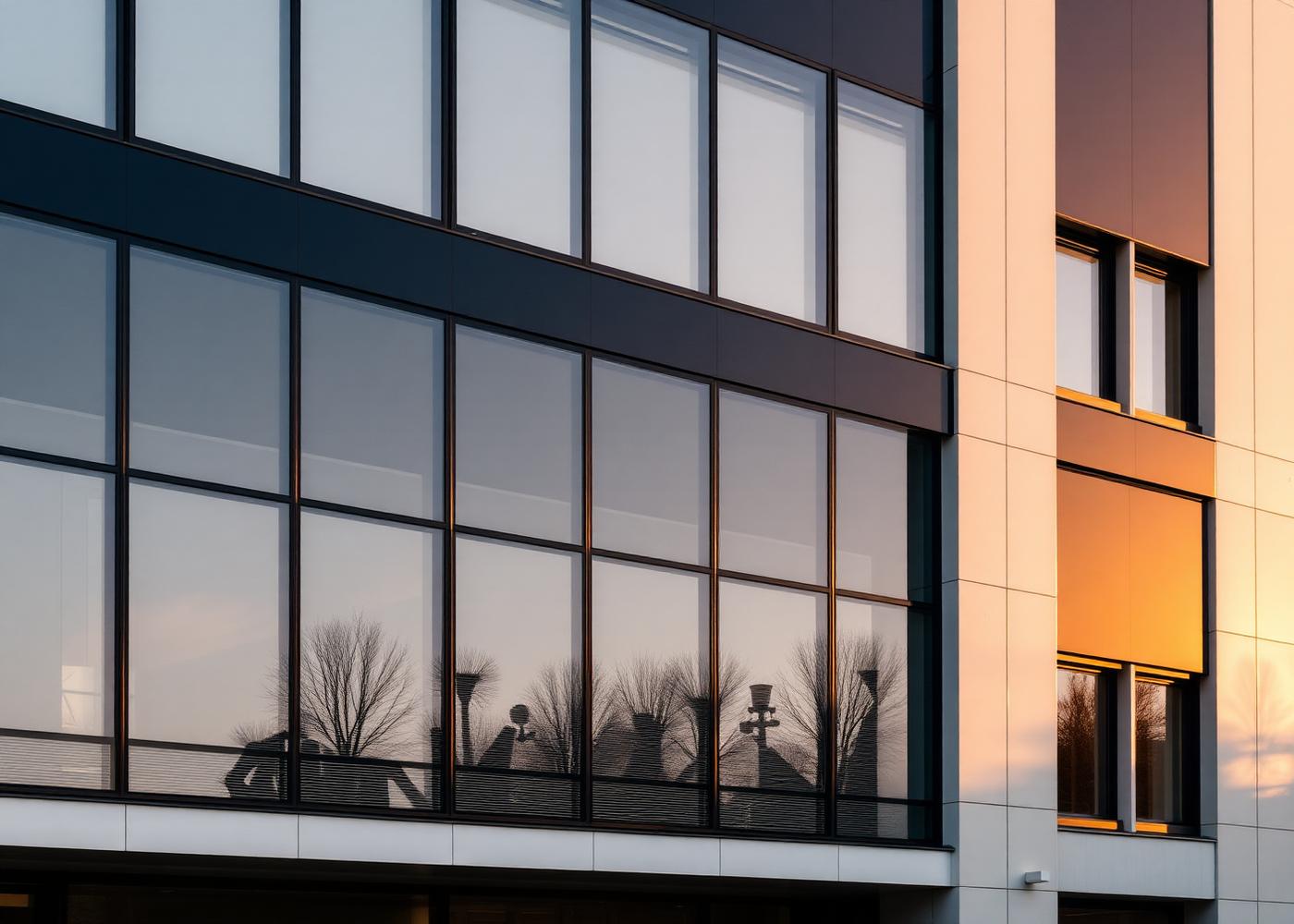Modernes Bürogebäude in Zürich bei Sonnenuntergang